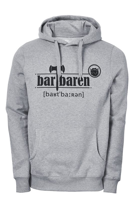Hoodie Classic grau Front <a href="https://www.bartbaren.com/wp-content/uploads/2018/03/masse-hoodie.png" target="_blank" rel="noopener noreferrer">Größentabelle</a>